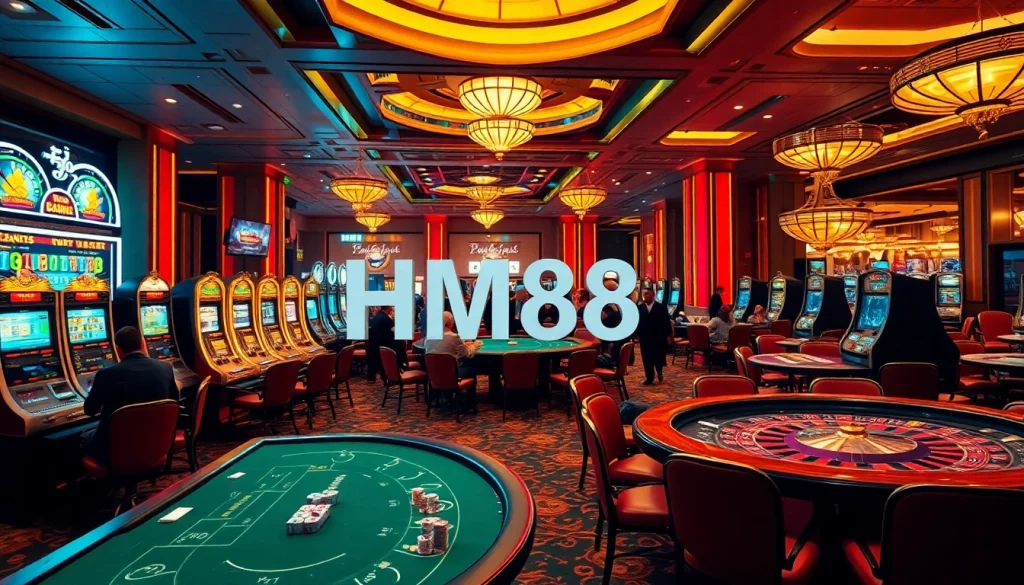 Experience the excitement of Nhà cái HM88 with players enjoying various casino games, featuring a vibrant layout of tables and slot machines.