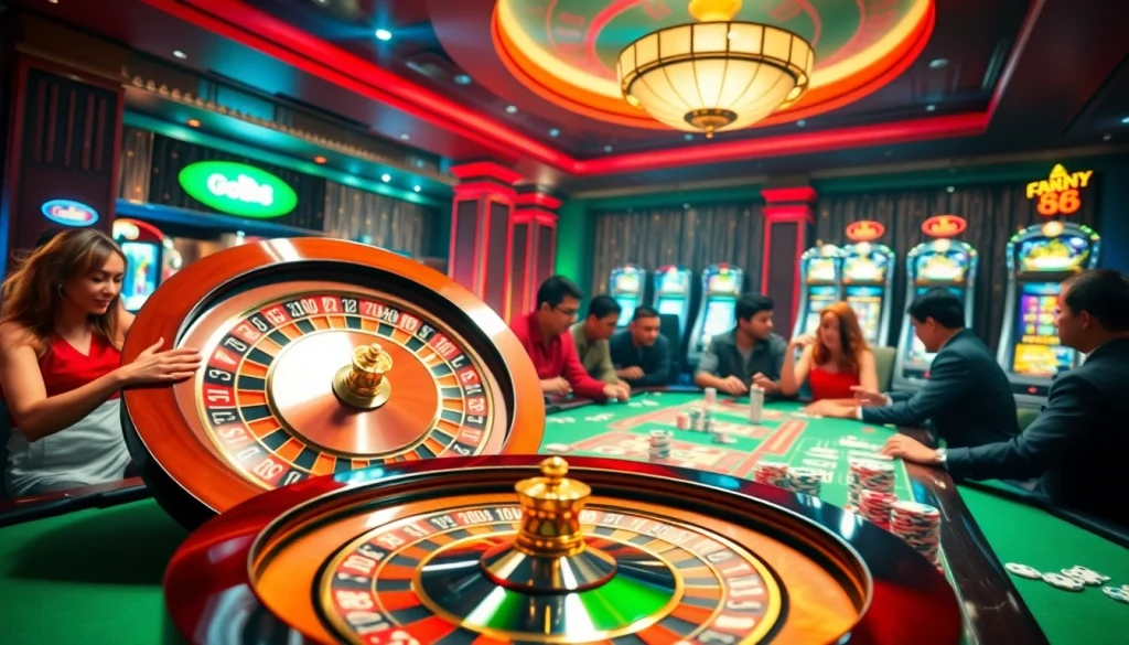 Experience thrilling gameplay at Go88 casino with vibrant roulette wheel and poker chips in action.