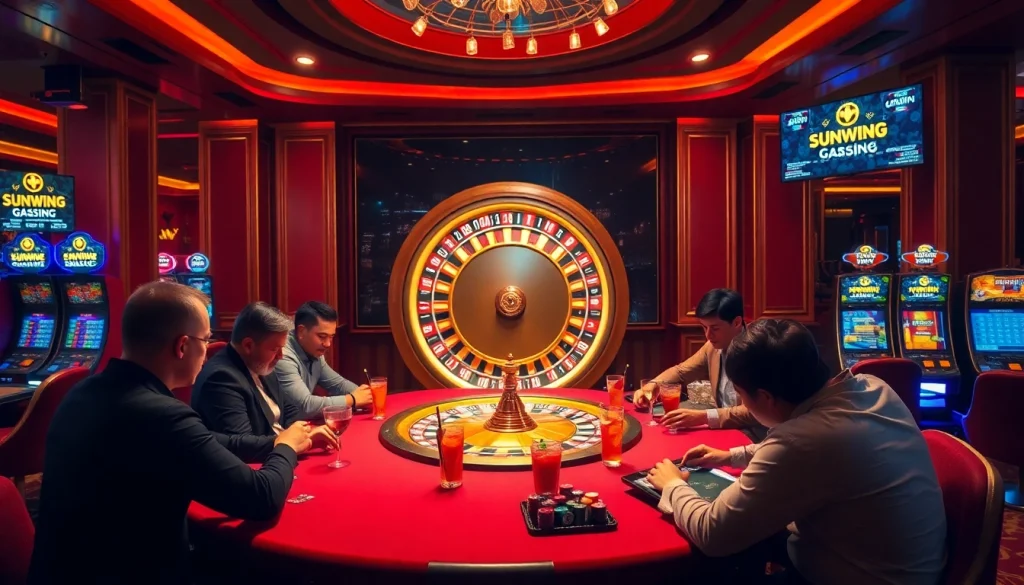 Experience the excitement of SUNWIN 88 in this vibrant casino scene with players at the poker table.