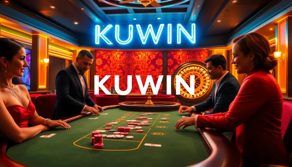 Experience the excitement of KUWIN at a vibrant blackjack table surrounded by lavish casino settings.
