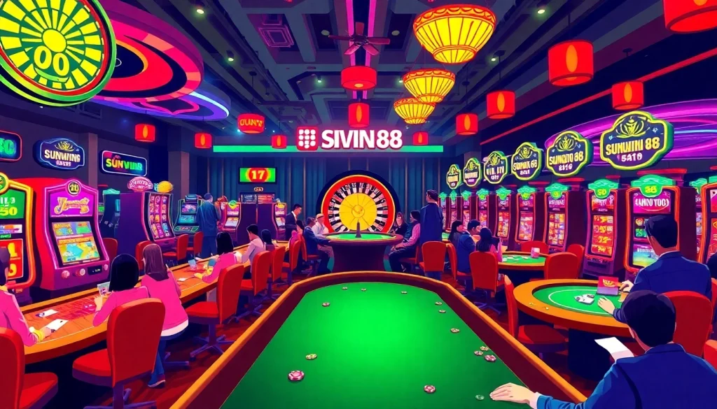 SUNWIN 88 players winning big at a lively casino table surrounded by vibrant slot machines and roulette action.