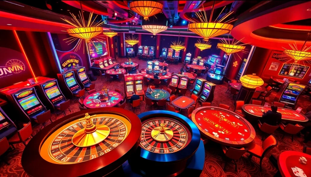 SUNWIN casino action with players eagerly placing bets on a vibrant roulette table amidst slot machines.